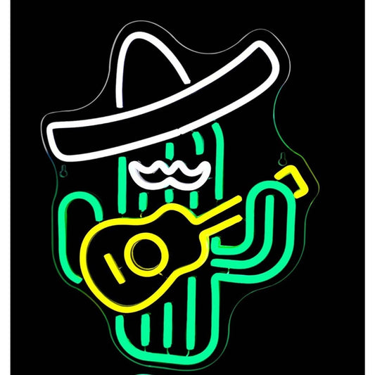 Fun Bright Green Mexican Cactus Playing Guitar LED Night Light Room Wall Decor