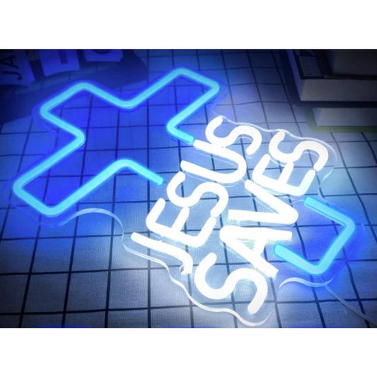 Lovely Bright Blue White Jesus Saves Cross LED Night Light Room Wall Decoration