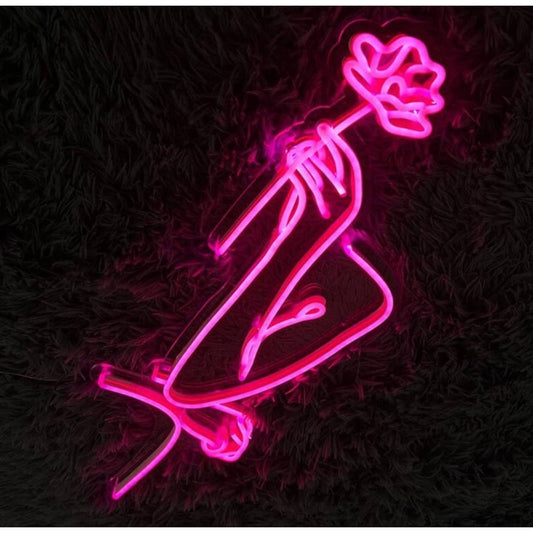 Lovely Elegant Pink Woman Holding a Flower LED Night Light Room Wall Decoration