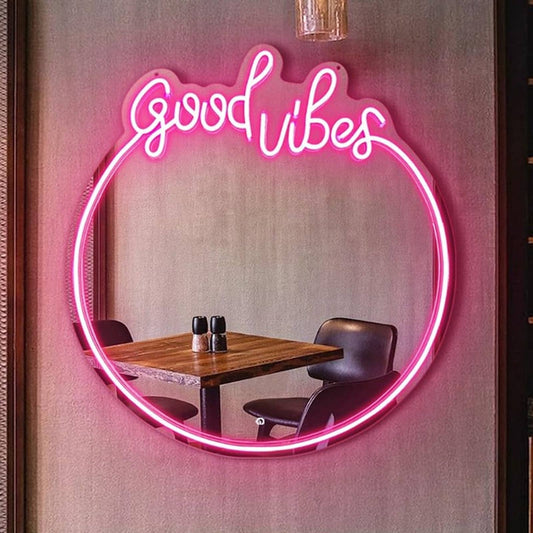 Lovely Quality Bright Pink “Good Vibes” Mirror LED Light Room Wall Decor