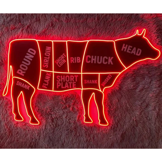 Large Bright Red Cow Butcher Shop LED Light Sign Room Room Wall Decoration