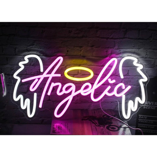 Lovely Bright Pink Angelic Angel Wing Halo LED Night Light Room Wall Decor