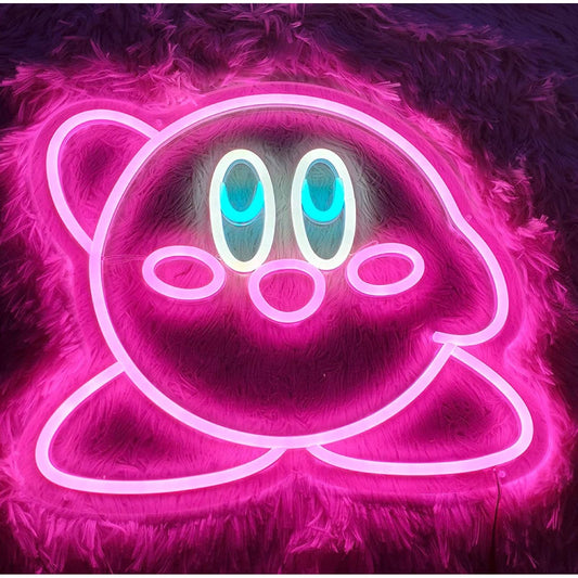 Adorable Bright Pink “Hi Kirby” LED Night Light Room Wall Video Game Decoration