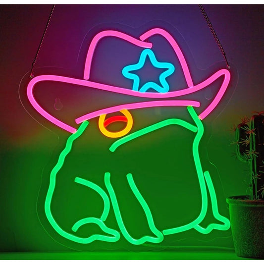 Fun Bright Green Cowgirl Frog with Pink Hat LED Night Light Room Decor