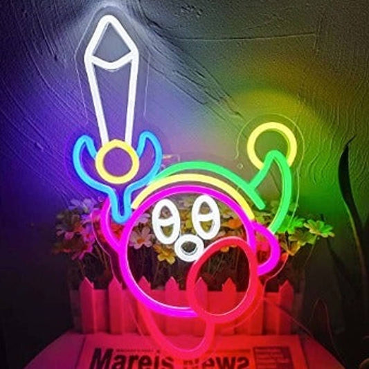 Fun Vivid Bright Kirby with a Sword LED Night Light Game Room Decor