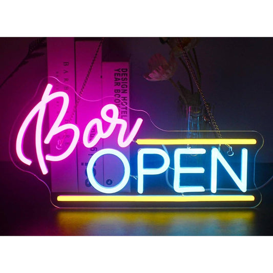 Vivid Bright Pink/Blue & Yellow Open Bar LED Night Light Sign Wall Party Decor