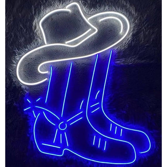 Vivid Bright Blue Cowboy Boot and Hat LED Night Light Room Wall Decoration
