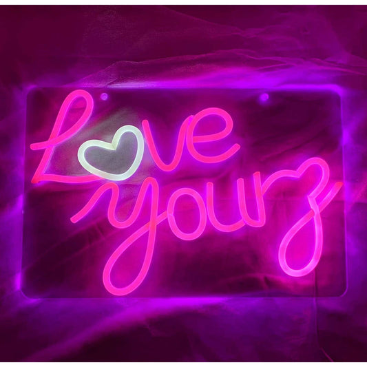Lovely Bright Warm Pink “Love Yourz” White Heart LED Night Light Room Wall Decor