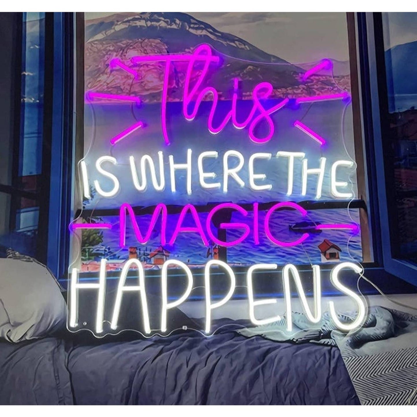 Fun Bright Pink / White “This is Where the Magic Happens” LED Night Light Room W