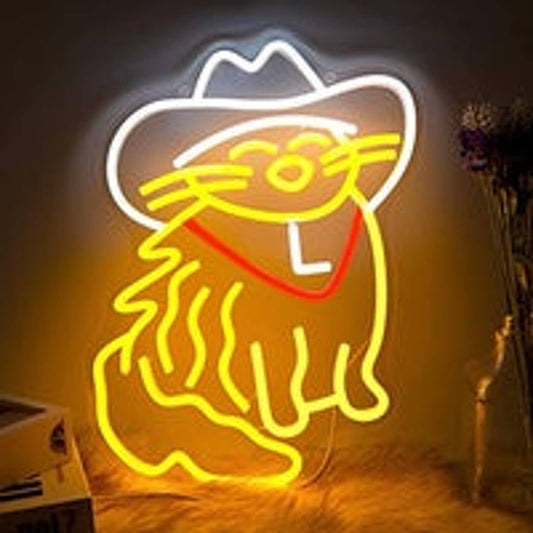 Fun Bright Yellow Kitty Cat in Cowboy Hat & Bandana LED Night Light Room Wall De