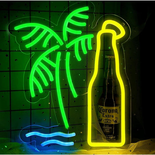Tropical Bright Yellow Beer Bottle Palm Tree LED Night Light Bar Vacation Decor