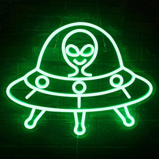 Fun Vivid Bright Green Space Alien in Flying Saucer UFO LED Light Wall Decor