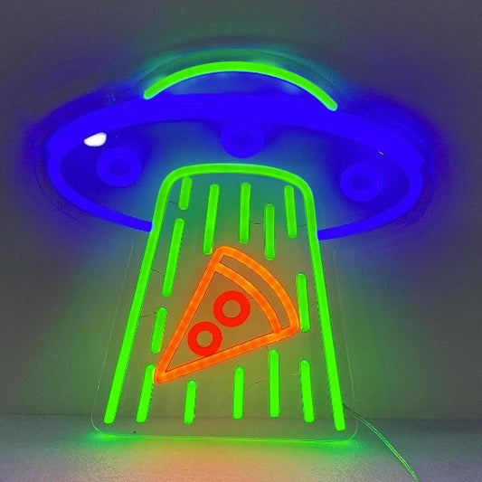 Fun Bright Blue UFO Space Saucer Abducting Pizza Slice Green Ray LED Night Light