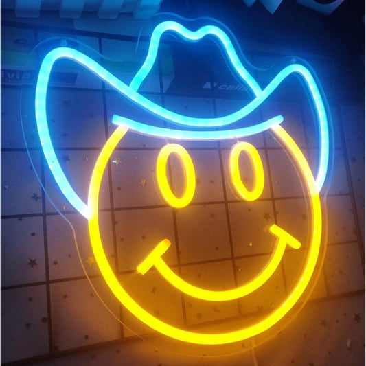 Fun Bright Yellow Smiley Face w Blue Cowboy Hat LED Night Light Room Wall Decor