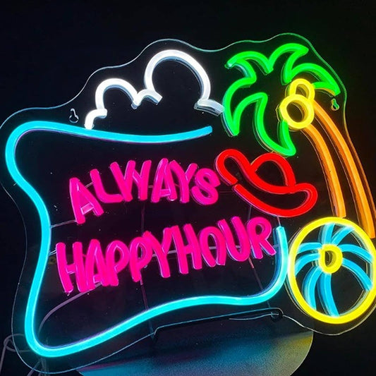 Fun Colorful “Always Happy Hour” Hat Beach Ball Coconut Tree LED Light Sign