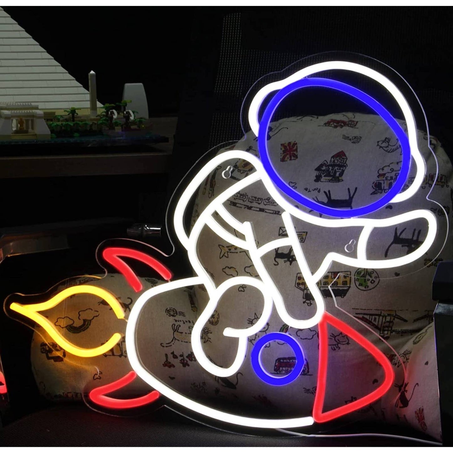 Fun Bright Astronaut Riding a Spaceship Rocket LED Night Light Room Wall Decorat
