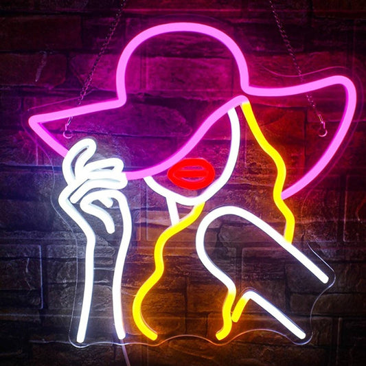 Lovely Vivid Bright Beautiful Women w/ Pink Hat LED Night Light Room Wall Decor