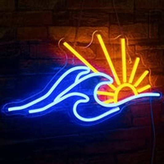 Vivid Bright Tropical Sun Rays and Ocean Waves LED Neon Light Room Wall Decorati