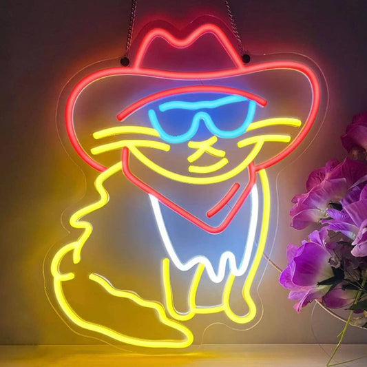 Vivid Fun Bright Cowboy Cat w/ Sun Glasses & Bandana LED Night Light Decor