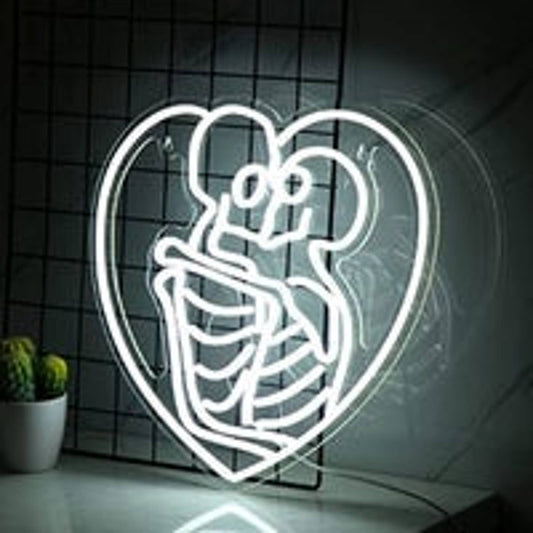 Lovely Bright Unique White Kissing Skeleton Heart LED Night Light Room Wall Deco