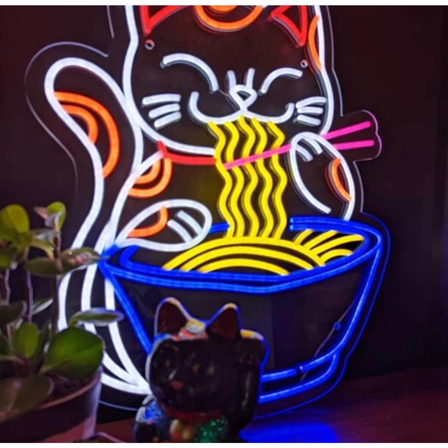 Fun Bright Cute Chinese Cat Eating Bowl of Noodles LED Night Light Wall Art Deco