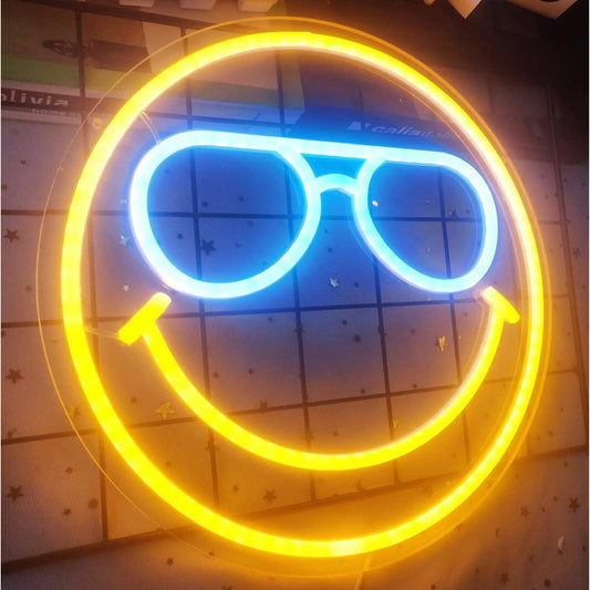Fun Bright Yellow Smiley Face w Blue Sunglasses LED Night Light Room Wall Decor