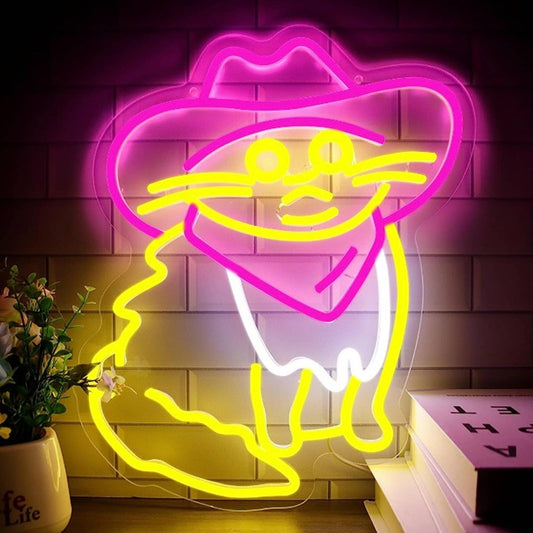Fun Bright Pink CowBoy Kitty Cat LED Night Light Room Wall Decoration