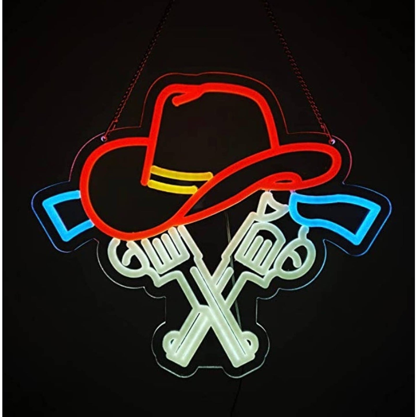 Fun Bright Cowboy Hat & Revolvers LED Night Light Western Room Wall Decoration
