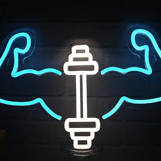 Fun Bright Blue Strong Arm Barbell Workout LED Night Light Gym Decor