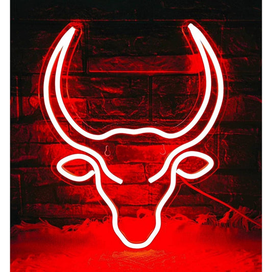 Vivid Bright Red Long Horn Bull Cowboy LED Night Light Southern Wall Decor