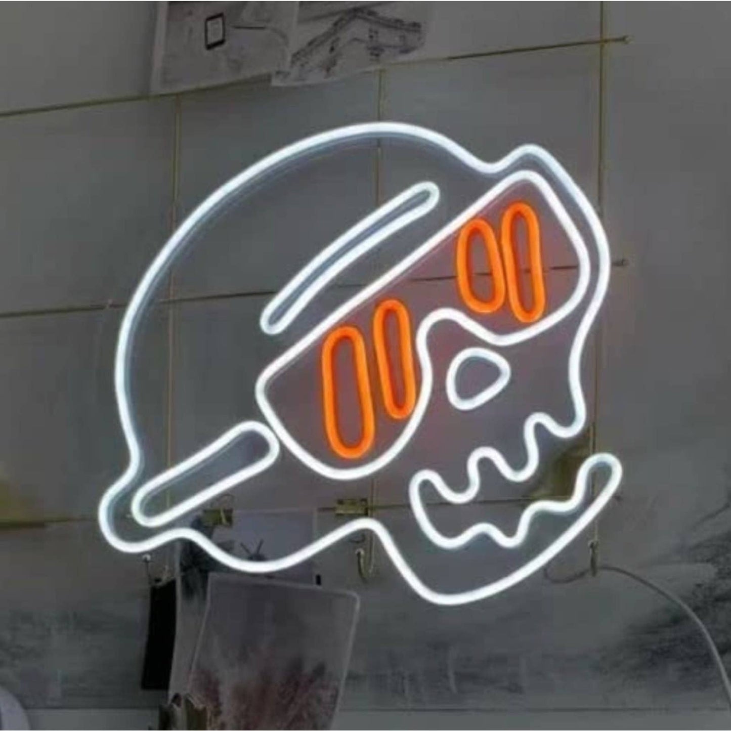 Bright White Skull with Orange Sunglasses LED Night Light Room Wall Decoration