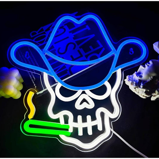 Fun Bright Spooky Skeleton Skull Smoking Cowboy LED Night Light Decor