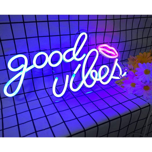 Lovely Bright Blue Good Vibes Kiss Lips LED Night Light Romantic Room Decoration