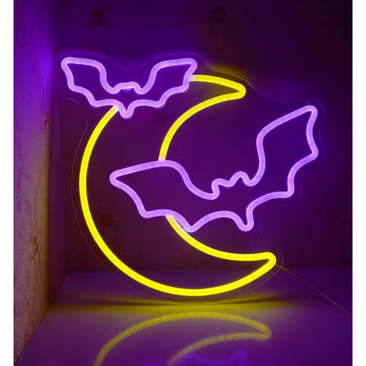 Spooky Bright Purple Bats & Yellow Crescent Moon LED Night Light Room Wall Decor