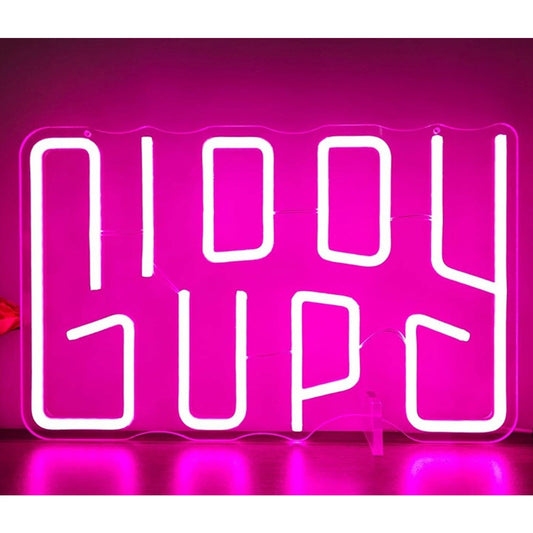 Fun Bright Pink Giddy Up Cowboy LED Night Light Sign Room Wall Decor
