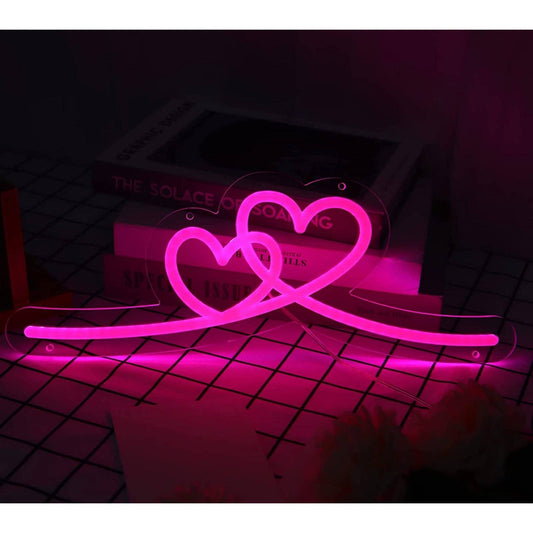 Lovely Bright Pink Double Heart Loop LED Night Light Room Wall Decoration