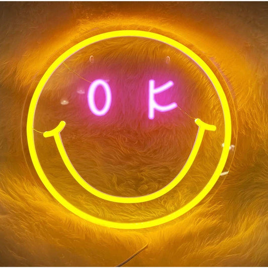 Fun Bright Yellow Pink OK Eye Smiley Face LED Night Light Room Wall Decor