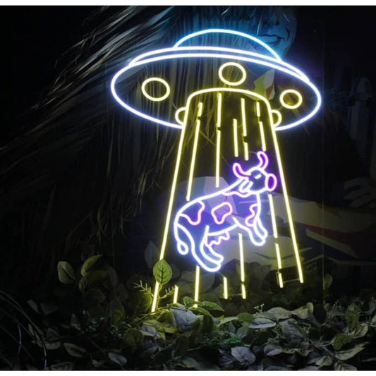 Fun Bright Large Alien UFO Abducting a Cow LED Night Light Room Wall Decor