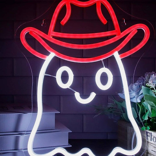 Cute Bright Cowboy Ghost w/ Red Hat LED Night Light Room Wall Decor