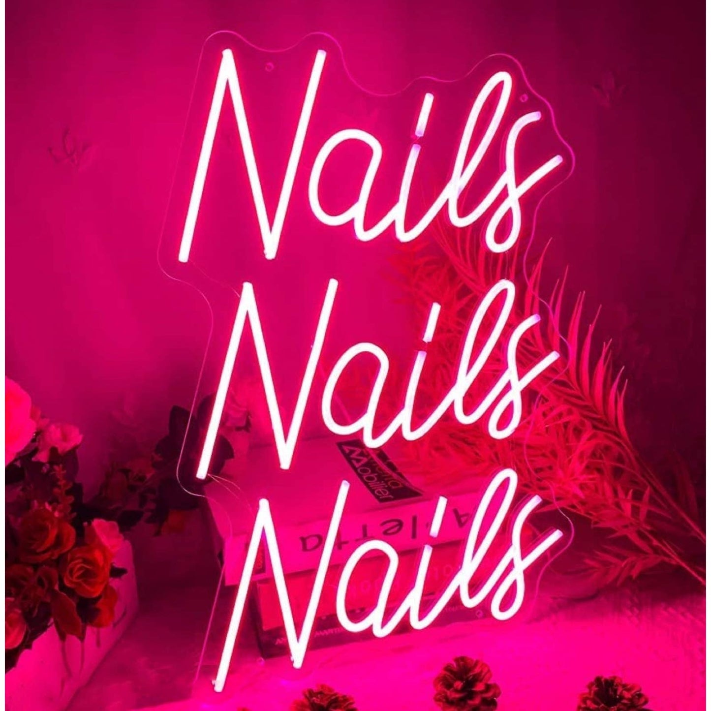 Lovely Large Bright Pink “Nails Nails Nails” LED Light Sign Room Wall Salon Deco