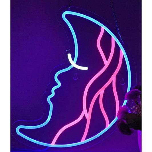 Fun Bright Blue/Pink Crescent Moon Waves LED Night Light Room Wall Decor