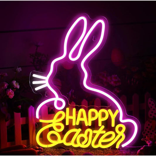 Lovely Bright Pink/Yellow Happy Easter Bunny Rabbit LED Light Room Wall Decor