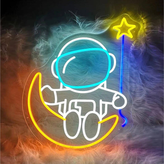 Cute Baby Astronaut Sitting on Moon With Star Balloon LED Night Light Room Wall