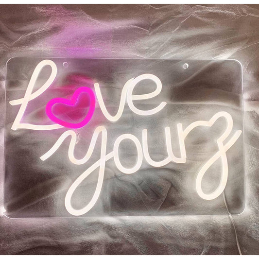 Lovely Bright Warm White “Love Yourz” Pink Heart LED Night Light Room Wall Decor