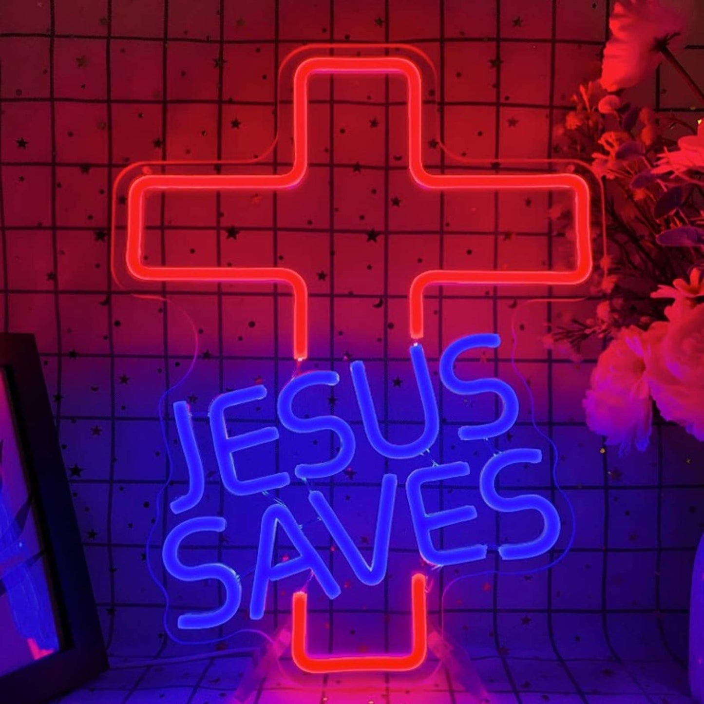 Vivid Bright Blue / Red Jesus Saves Cross LED Night Light Christian Decoration