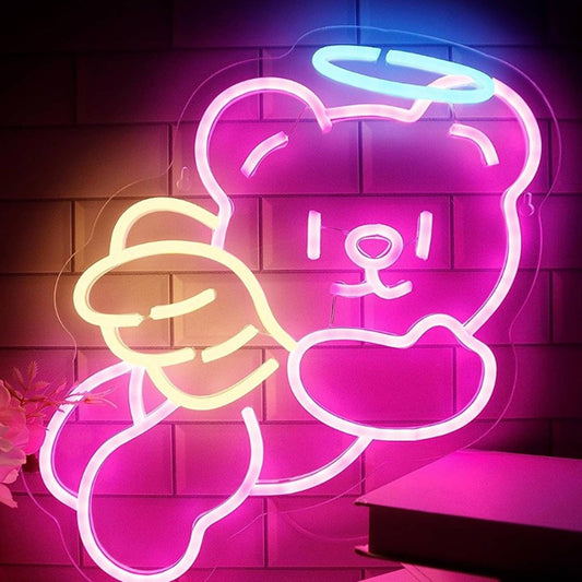 Lovely Vivid Bright Pink Angel Wing Bear Halo LED Night Light Room Wall Decor