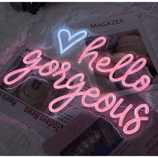 Adorable Bright Soft Pink Hello Gorgeous White Heart LED Night Light Room Wall D