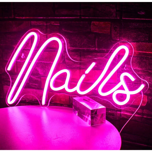 Lovely Bright Pink Cursive Nails LED Night Light Sign Spa Room Wall Decoration