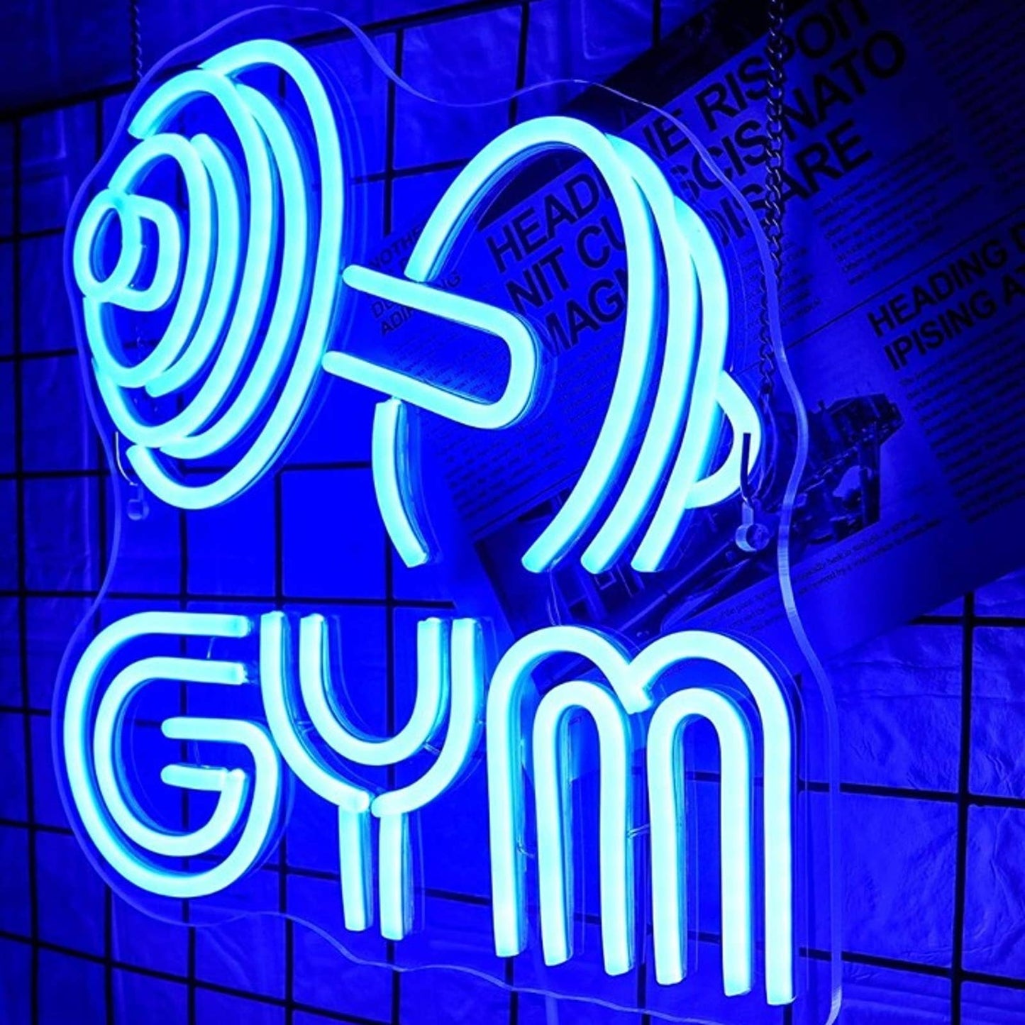 Vivid Bright Blue Gym Dumbbell Exercise Workout LED Light Wall Decor