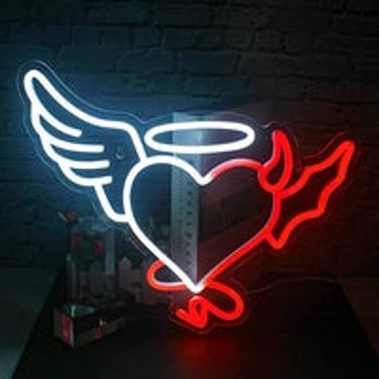 Vivid Bright Red/White Angel Devil Heart LED Night Light Room Wall Decoration